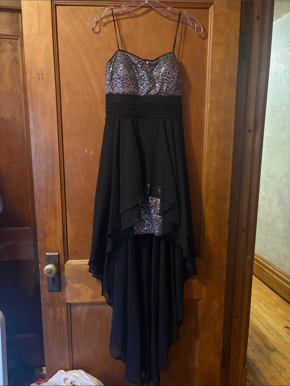 Black High-Low Sequin Bodice Spaghetti Strap Dress